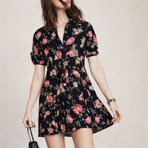 Reformation Floral Mini Dress Black Button Front Sheer Top Romper Style Size 4